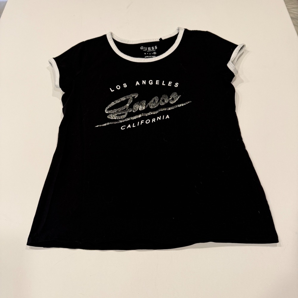 Guess Los Angeles California Ringer Graphic T-Shirt Black Silver Glitter XL
